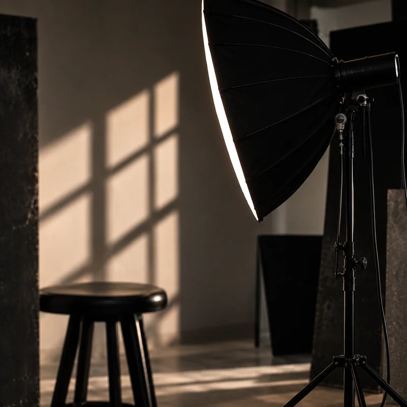 Sonnenlicht fällt neben einem Lichtformer auf die Atelierwand
