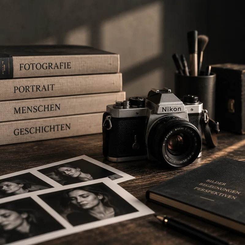 Kamera, Fotografien und Bücher auf einem Tisch