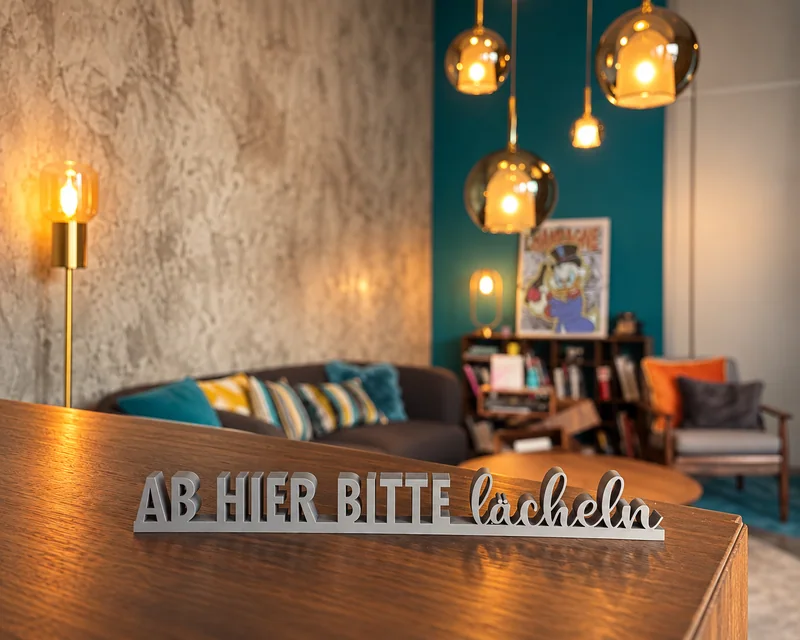 Sitzbereich im Atelier mit einem Schild: Ab hier bitte lächeln